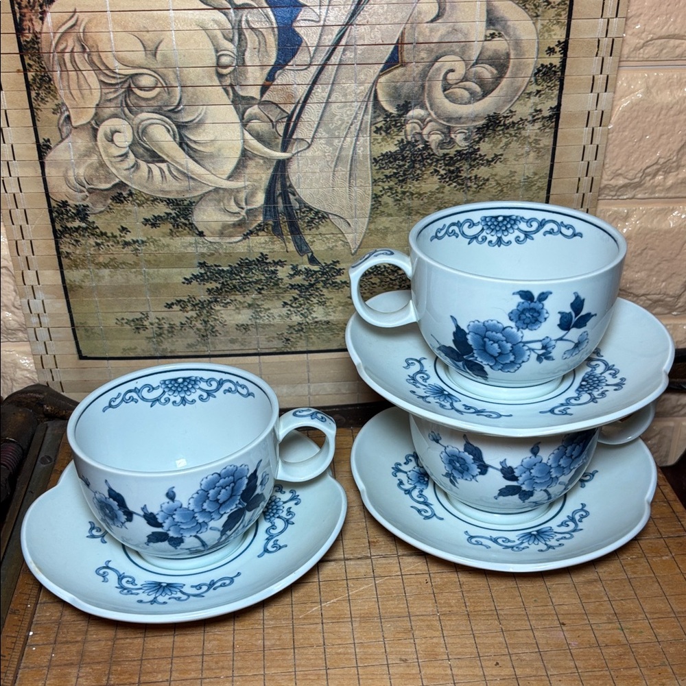 Noritake Cup Saucer Set of 3 Versatone Orient Sometsuke B352W17 Japan - Picture 12 of 13